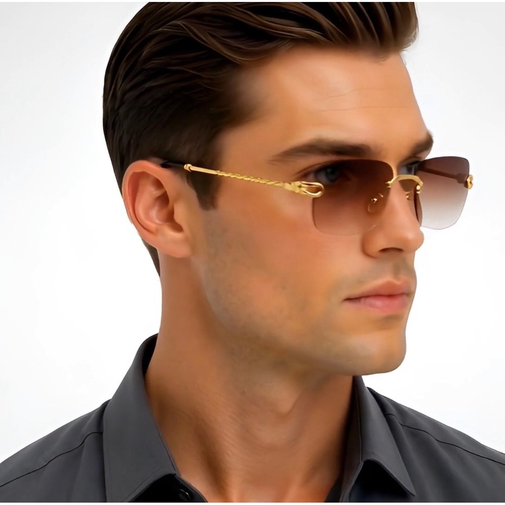 Mens‎ Square Sunglasses Gold Twisted Metal Frame Brown Gradient  Classy Shades